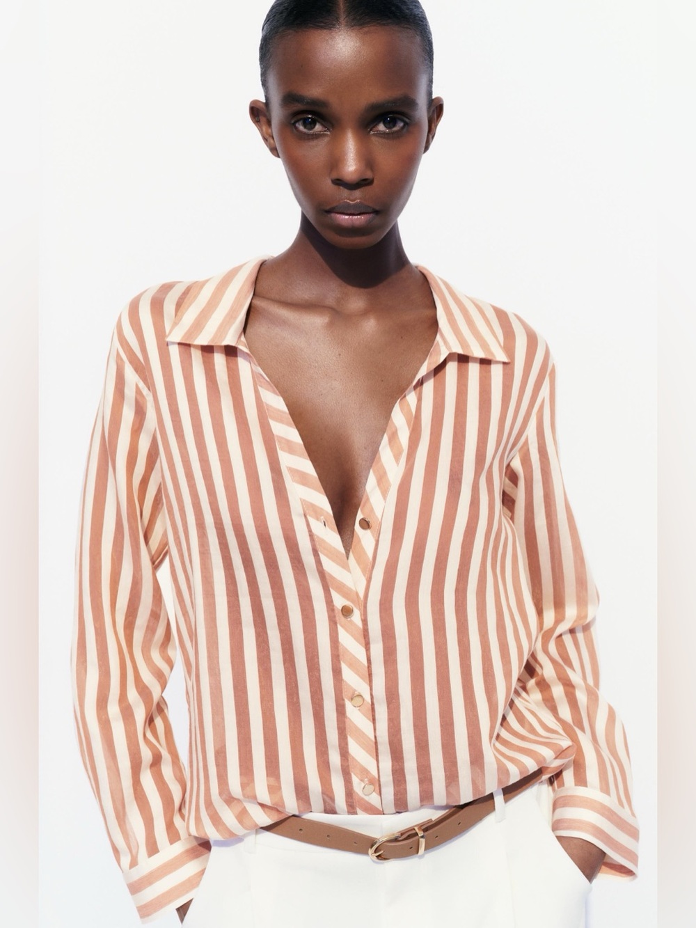 Zara Sheer Striped Button Up Blouse Medium Blush Cream Relaxed M - Picture 2 of 11